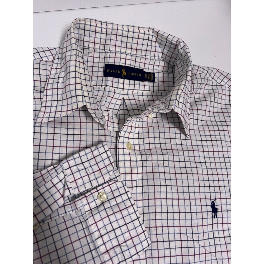 Ralph Lauren Mens XL White Navy Burgundy Tattersall Check Button Down Shirt
